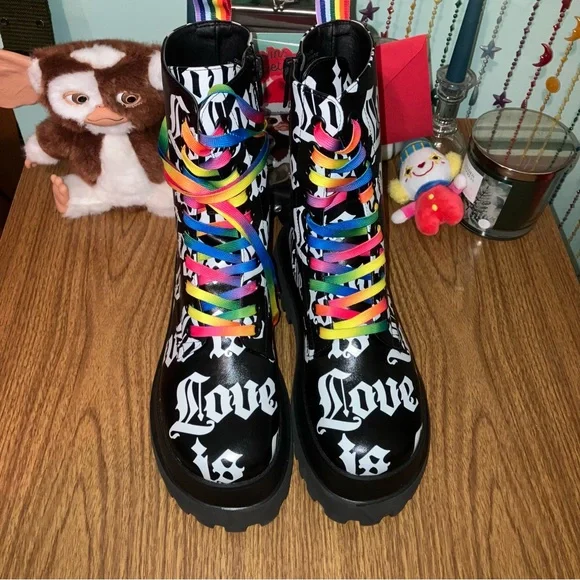 NEW RARE CLUB EXX LOVE IS LOVE PRIDE RAINBOW COMBAT BOOTS - Picture 14 of 16